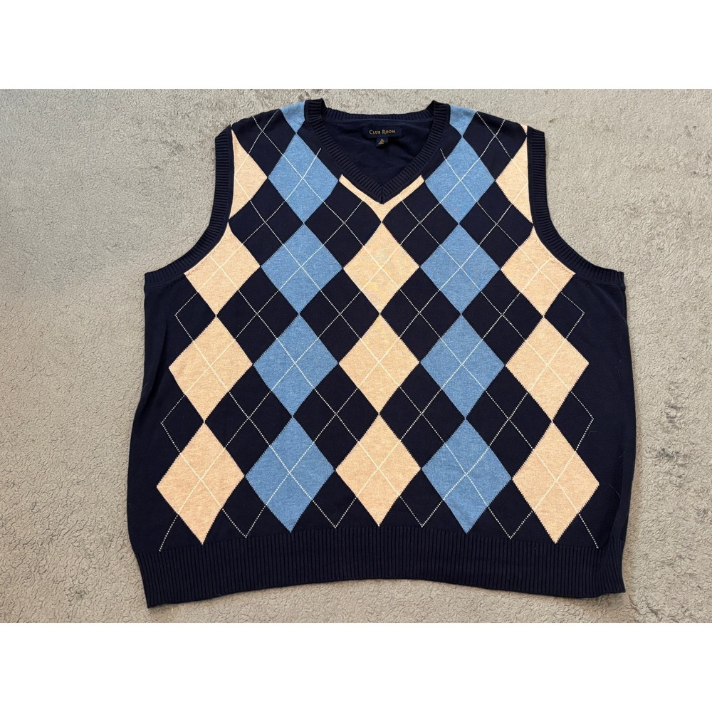 Club Room Mens Argyle Sweater Vest XL Navy Blue Tan V-Neck 100% Cotton Preppy